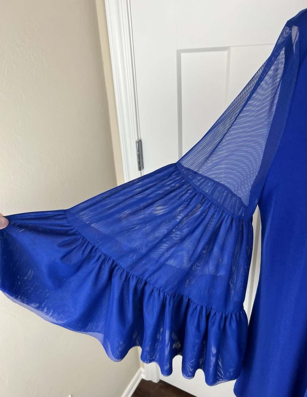 IC by Connie K Tunic Top L Blue Violet Sheer Mesh Ruffle Sleeve Made USA - Picture 2 of 7